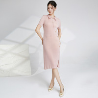 Robe plissée Miyake pour femme, décontractée, longueur genou, col polo, boutonnage asymétrique, coupe amincissante H-line, fente latérale, style minimaliste, idéale pour le bureau