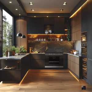 Cuisine moderne noire et grise avec armoires mates, four encastré, éclairage sous les armoires et grande fenêtre. - Product Image 2