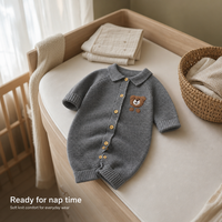 Combinaison bébé tricotée Kaiyue à manches longues, col polo, broderie ours, combinaison pour nourrissons, vente en gros, fournisseur OEM ODM de vêtements pour bébés