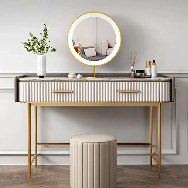 Modern Stainless Steel Makeup Vanity Table Set Marble Top 2-Drawer Dressing Table With Mirror for Bedroom Hotel Furniture