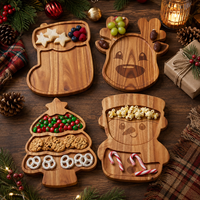 Plateau de service en bois d'acacia naturel, motif animaux de dessin animé, avec compartiments pour fruits et noix, idéal pour les enfants, cadeau de Noël, vente en gros
