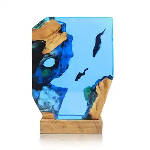 Creative Aesthetics Cavern Diver And Whale Tabletop Decoration Marine Art Lighting Decoration Epoxy Resin Wood table Lamp