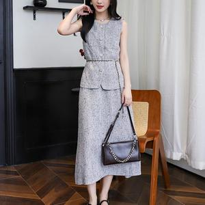 Autunno Casual da donna <span class=keywords><strong>Set</strong></span> di coordinate personalizzato in puro poliestere tinta unita grigio con bottone senza maniche Top gonna lunga in Tweed - Product Image 5