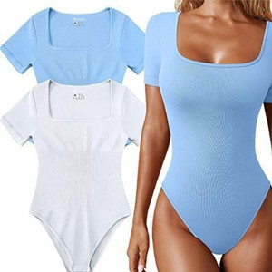 Combinaison de yoga sans couture pour femme grande taille, col carré, haut de sport très élastique pour l'entraînement et la course, combinaison côtelée unie - Product Image 1