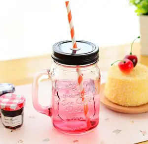 Botol Minum Dingin Hadiah Botol Jus Transparan dengan Tutup Cangkir Air Sedotan Mug Warna Bertahap Berubah Toples Kaca Mason