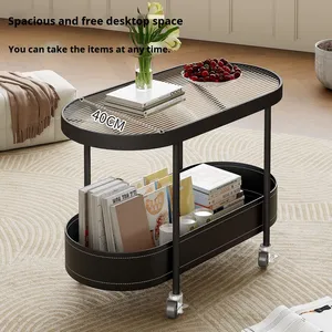 Table basse ovale convertible de <span class=keywords><strong>petit</strong></span> appartement <span class=keywords><strong>à</strong></span> la mode avec chariot <span class=keywords><strong>à</strong></span> <span class=keywords><strong>roulettes</strong></span> en métal crème moderne pour meubles de salon - Product Image 2
