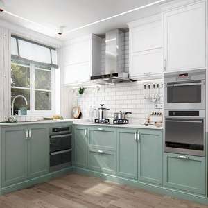 Cuisine modulaire en forme de L SANTOPOVA Tiffany Green avec armoires supérieures blanches et électroménagers en acier inoxydable - Product Image 2