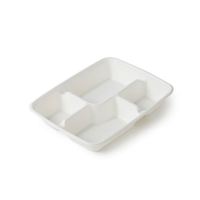 Barquette alimentaire jetable moulée en bagasse blanche écologique et biodégradable, à 4 compartiments, avec emballage en boîte en papier