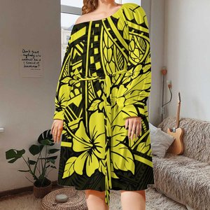 Abito nero a manica lunga con stampa a foglia grande stile Vintage polinesiano stile tribale taglie forti 7XL abito Sexy <span class=keywords><strong>per</strong></span> abiti da sera - Product Image 5