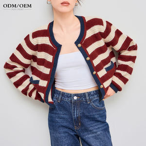 เสื้อสเวตเตอร์ไหมพรมผู้หญิง แขนยาว คอโอ ลายทาง  คาร์ดิแกนสั้นติดกระดุมสำหรับผู้หญิง - Product Image 3