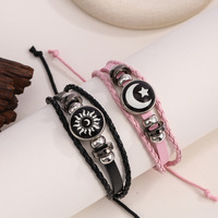 Gelang Boho PU Anyaman Anti-Luntur Terlaris, Hiasan Paduan Logam Matahari Bulan Bintang, Dapat Disesuaikan, untuk Pesta & Hadiah Sehari-hari