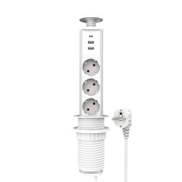 Aluminum Alloy German White Pop up Socket Outlets for Desk with 2 USB Chargers Charging 1 Type-C PD 18W QC