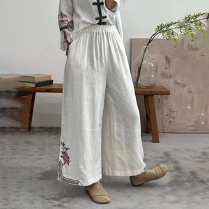 Cotton Linen Cropped Pants Wide Leg Embroidered Pink Loose Fit Casual Women's Pants Breathable Summer Style - Product Image 4