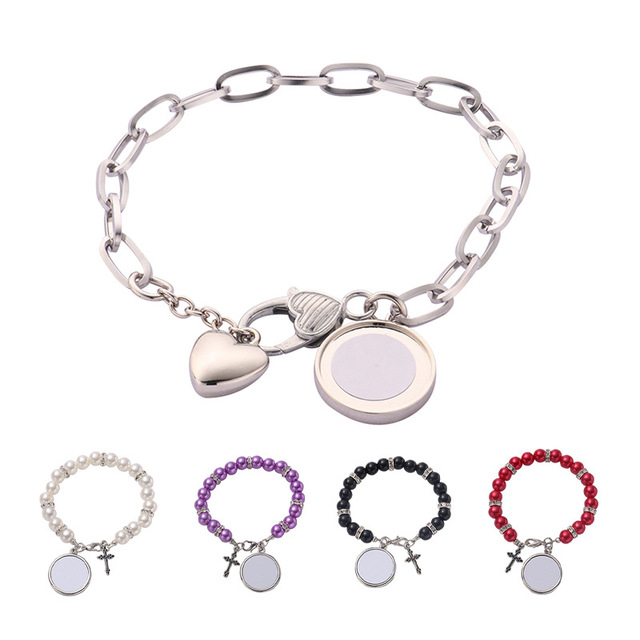 Sublimation Blank Jewelry Custom Photo Bracelets for Women Men High Quality Zinc Alloy Heart Charm Pendant Rosary Bracelet
