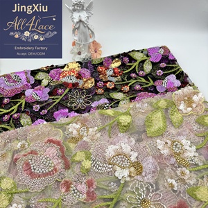 Tissu en dentelle brodée de sequins et de perles multicolores de luxe pour robe de mariée africaine - Product Image 1