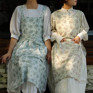 Korean Style Floral Printed Bib <b>Apron</b> Adjustable Waist A-Line Design For Daily Use Women <b>Kitchen</b> Wear - Product Image 1