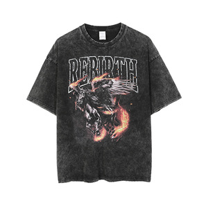 Camiseta Negra Extra Grande para Hombre, Estilo Vintage Lavado, con Estampado Gráfico de Pegaso Flameante, Ropa Urbana - Product Image 1
