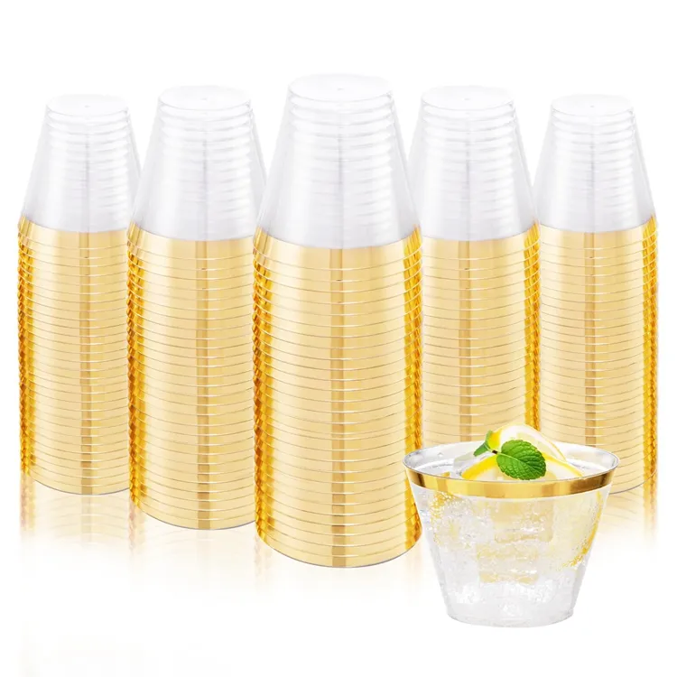 9oz Disposable Gold Rimmed Clear Plastic Cups for Party Reusable Elegant Plastic Wine Glasses Gold Disposable Cups