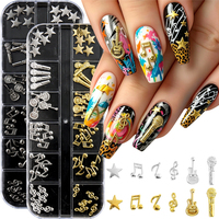 12Grids Seri Musik Hiasan Kuku Logam Berbagai Pola Emas Perak Logam Rhinestone Aksesoris Kuku Profesional Salon Kuku Grosir