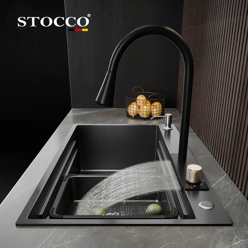 Luxury Modern Draining Single Bowl 304 Stainless Steel Multifunction Kitchen Sink Black Waterfall Faucet Kitchen Ultrasonic Sink