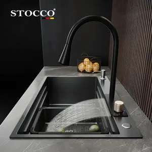 Penguras Modern Mewah Mangkuk Tunggal 304 Stainless Steel Multifungsi Wastafel Dapur Air Terjun Hitam Keran Wastafel Dapur