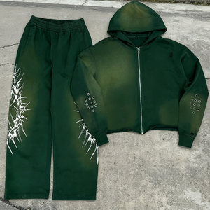 Özel Logo Streetwear Zip-up Hoodies ve Sweatpants 2 parça ağır Dtg baskı güneş soluk Hoodie seti - Product Image 2