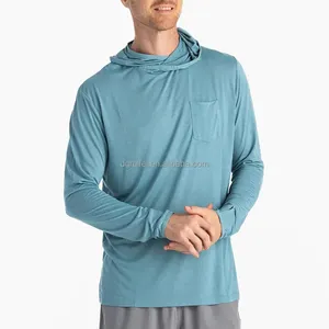 사용자 정의 로고 대나무 섬유 낚시 까마귀 남성 UPF 50 + UV 야외 빠른 건조 성능 엄지 구멍이있는 긴 소매 낚시 셔츠