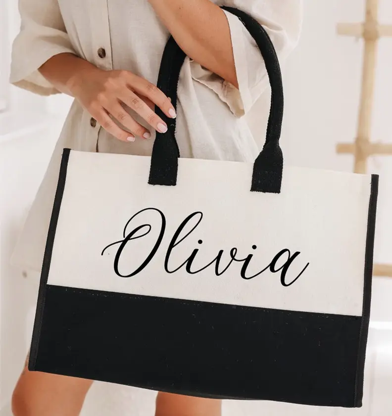 Çevre dostu özel logo kişiselleştirilmiş İlk pamuk kanvas plaj çantası Monogrammed hediyelik alışveriş çantası kadınlar için