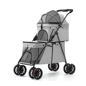 <span class=keywords><strong>Poussette</strong></span> pour chien <span class=keywords><strong>double</strong></span> couche de luxe avec 4 roues universelles réglables en tissu Oxford pour voyage en plein air compartiment pour bébé et animal de compagnie - Product Image 6
