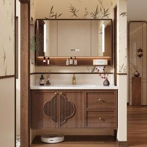Meuble-lavabo de salle de bain de luxe en bois massif laqué de style chinois avec miroir intelligent 90 cm et lavabo en céramique intégré résistant à l'eau - Product Image 6