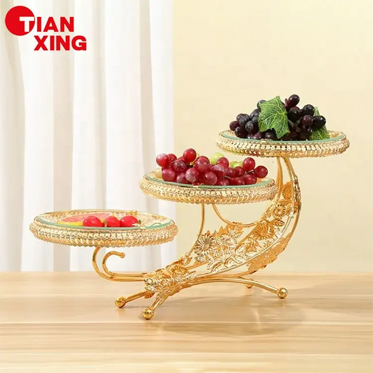 Fancy Phong Cách Handmade Vàng Khắc Thủy Tinh Trái Cây Tấm 3 Hai Lớp Snack Trái Cây Khô Món Ăn Thủy Tinh Phục Vụ Khay Cho Đám Cưới