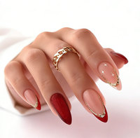 Faux ongles faits main, style français, forme amande, pré-dessinés, prêts à poser, avec strass