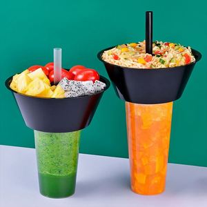 Disposable Hot Pot Snack Milk Tea <b>Cup</b> With <b>Lids</b> <b>and</b> <b>Straws</b> Fruit Salad Plastic <b>Cup</b> With Snack Tray - Product Image 3