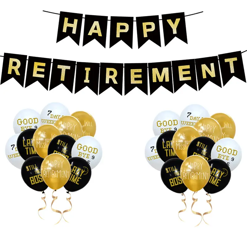 गर्म बिक्री खुश सेवानिवृत्ति सेवानिवृत्ति पार्टी सजावट काले सोने के पाउडर झंडा लेटेक्स गुब्बारा पैकेज