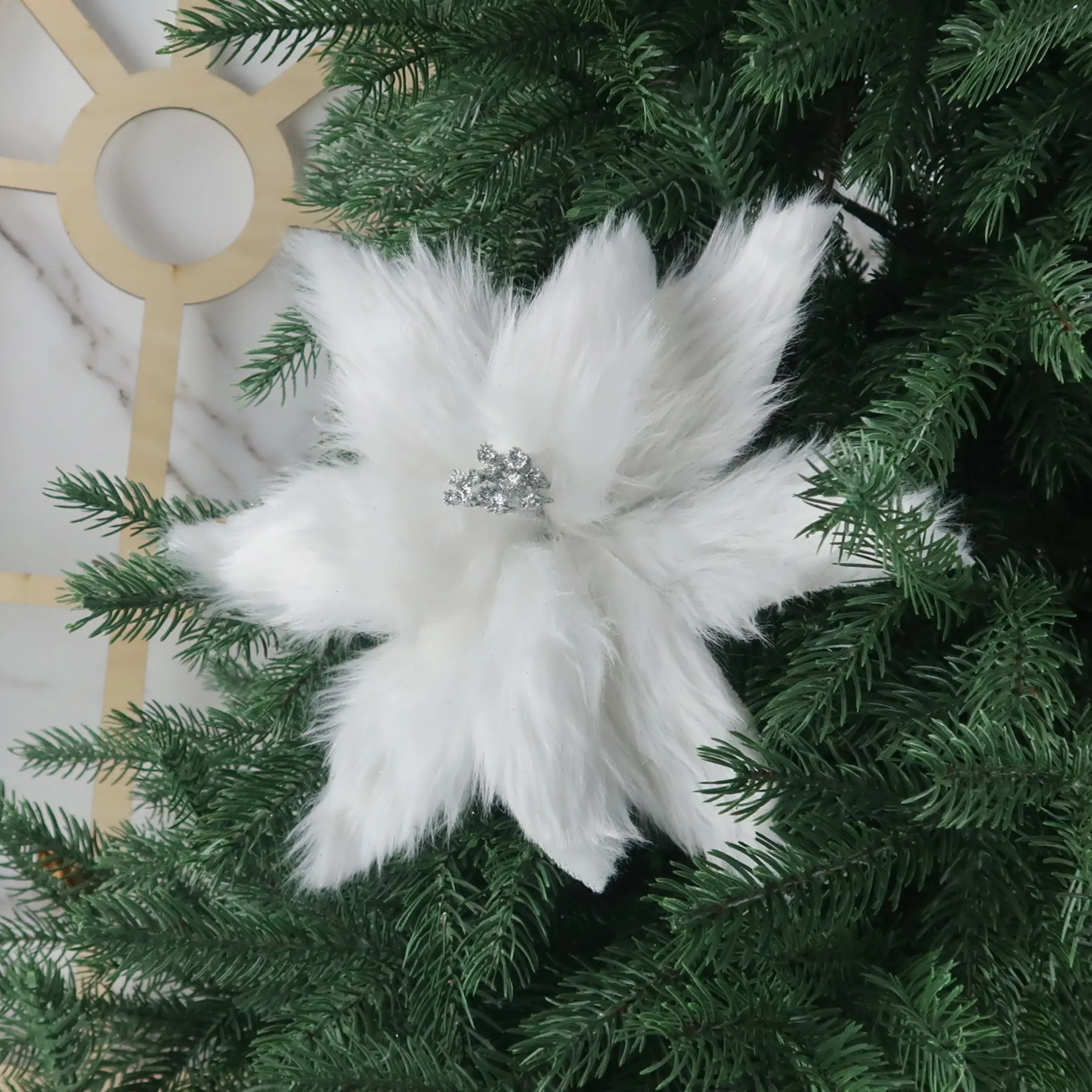 Искусственные Рождественские цветы, украшения, белый мягкий пушистый цветочный стебель с блестками, вельветовые Рождественские декоративные цветы