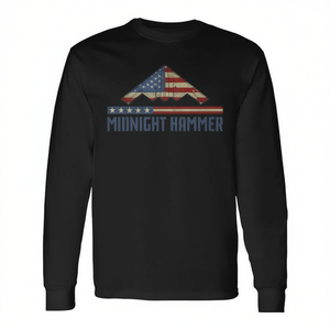 T-shirt à manches longues Midnight Hammer avec motif drapeau américain et avion de chasse furtif, col rond unisexe pour adulte, promotionnel - Product Image 2
