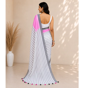 Sari de Algodón Blanco con Borde para Mujer, Ligero, Transpirable, Ropa Étnica Tradicional India, Colección de Moda Premium - Product Image 3