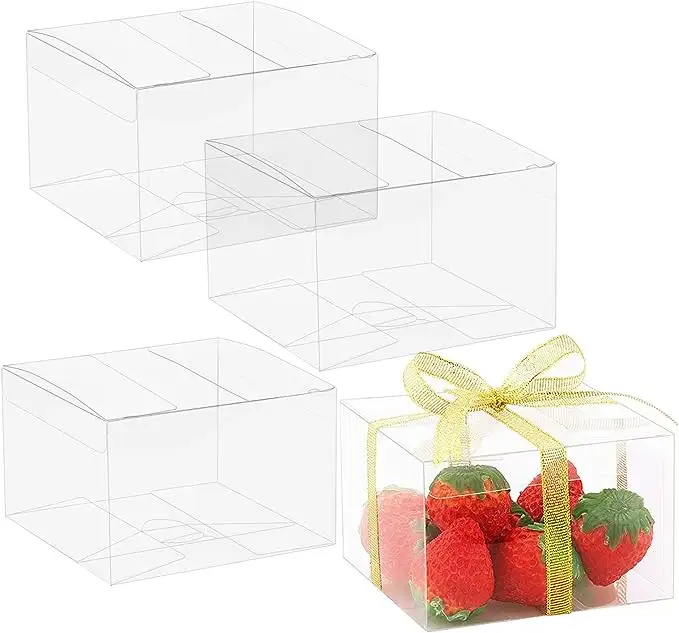 Fabricante reciclar 4x4x2,5 pulgadas caja de PVC transparente para embalaje regalos de fiesta dulces macaron fresas