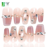 Uñas postizas de gel metálicas con corazón, estilo gótico romántico, al por mayor, color nude, hechas a mano, con diamantes de lujo y diseño, para pegar.