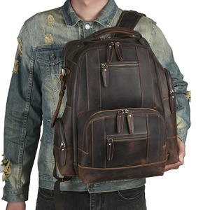Men's Crazy Horse <b>Leather</b> <b>Backpack</b> 15.6 Inch <b>Large</b> Capacity Multi Compartment Retro Style Business Travel Shoulder Bag - Product Image 1