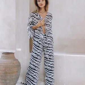 Women Zebra Printed Shirt Wide Leg Pants Set Drawstring 2 Pcs Sets Turn Down Collar Streetwear Suit