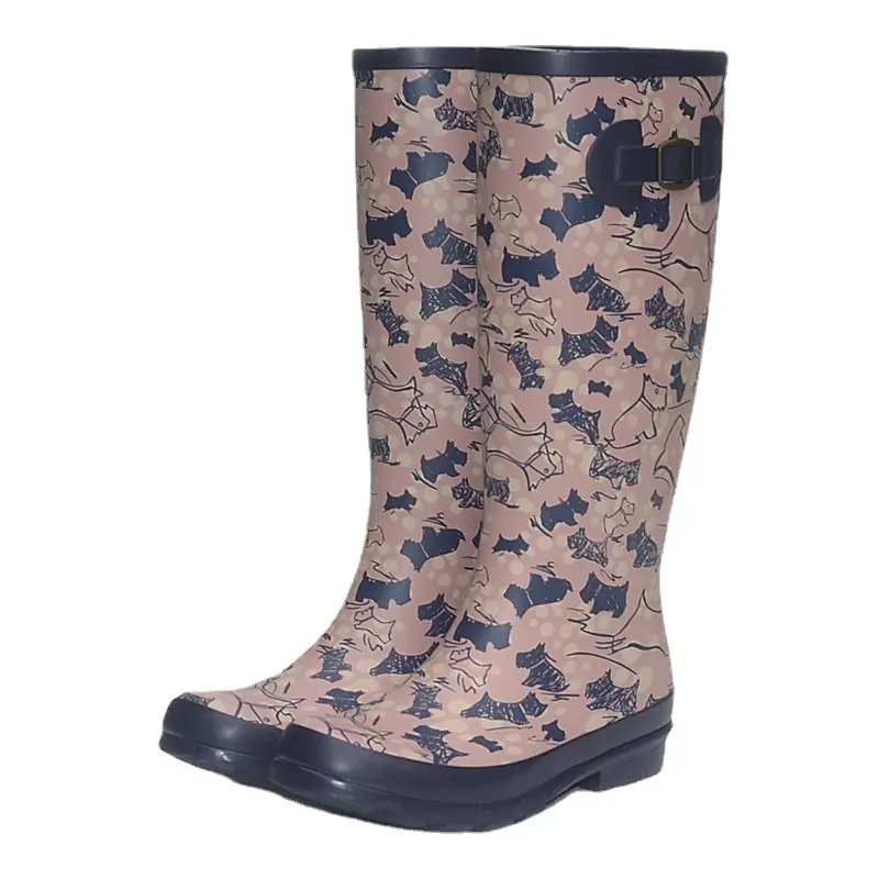 Botas de agua de goma impermeables a la moda con logotipo OEM, Botas de lluvia de lujo para mujer, botas de goma con estampados al por mayor para mujer