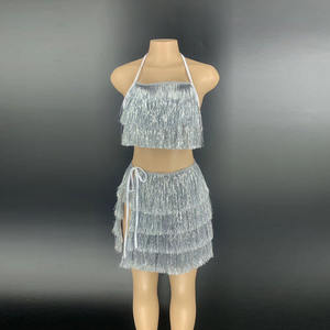 Twotwinstance — Costumes en paillettes pour femmes Y1794, vêtements de carnaval, avec franges, col licou, Sexy, avec fente latérale, printemps 2022 - Product Image 5