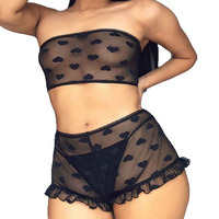 Set Lingerie Dua Potong Motif Hati, Atasan Tube dan Celana Dalam Ruffle, Tersedia Tiga Warna, Bahan Tipis Transparan