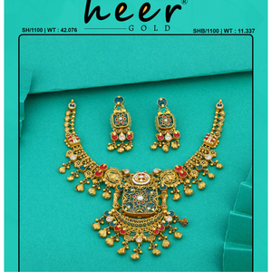Temple gold necklace set with antique finish green red <b>stones</b> and matching earrings bridal jewelry elegant festive wear - Product Image 2