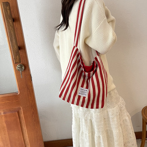THK nuevo bolso de lona de gran capacidad a rayas bolsos de moda bolsos de hombro para mujer Lindo bolso de compras reutilizable - Product Image 6