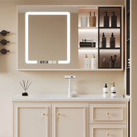 Ensemble de meuble-lavabo en contreplaqué pour salle de bain, avec vasque en céramique sur pied, miroir LED et armoire de rangement, pour projets hôteliers