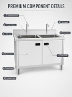 Évier commercial en acier inoxydable pour usage domestique, avec meuble sous-évier, double bac, taille personnalisable, revêtement autonettoyant