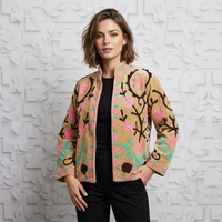 Veste d'hiver courte élégante en velours matelassé, faite à la main, avec broderie florale exquise, design réversible et respirant en coton