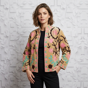 Elegant Handcrafted Short Quilted Velvet Winter Jacket with Exquisite Floral Embroidery Reversible & Breathable Design Cotton - Product Image 1